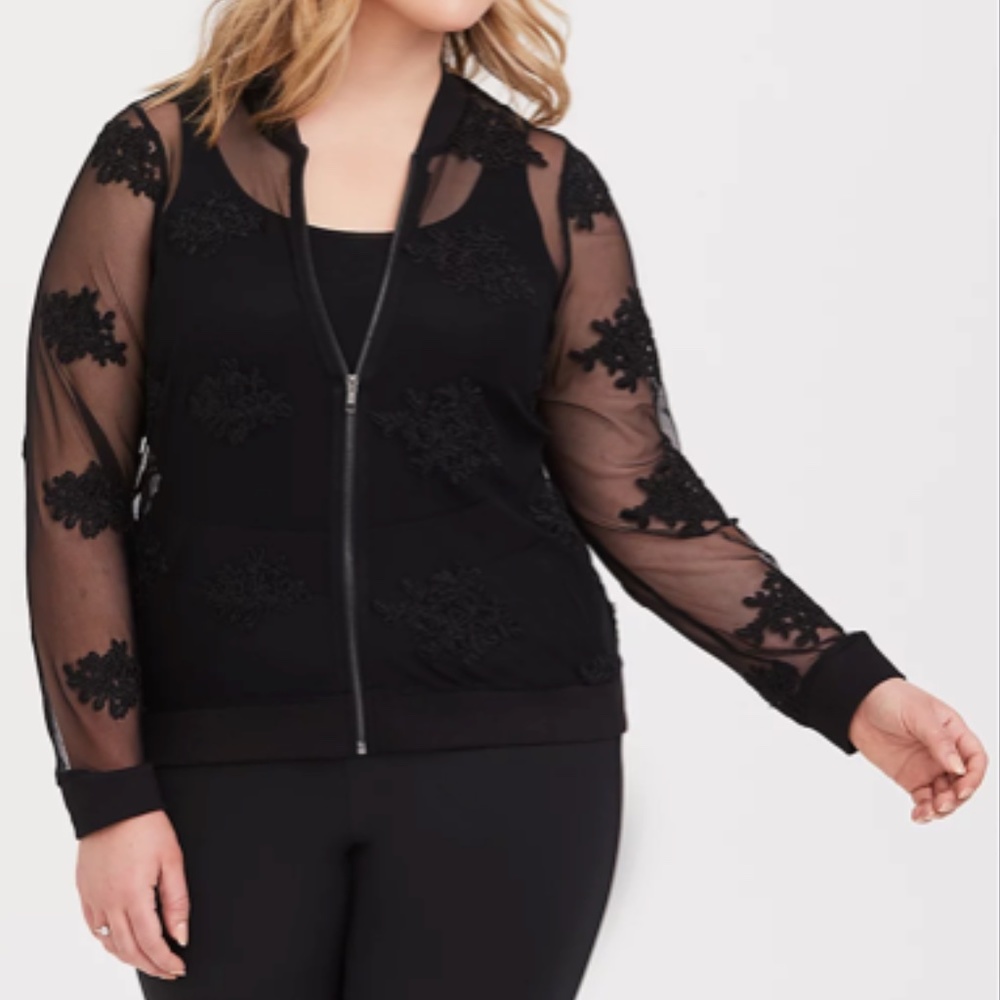 *NWT* BLACK EMBROIDERED MESH BOMBER JACKET